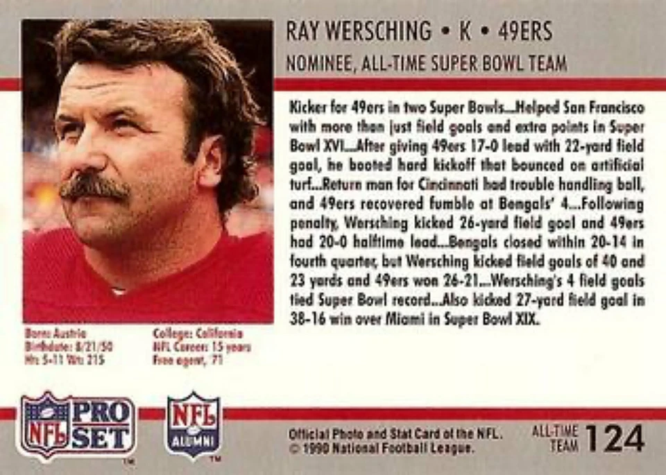 1990-91 Pro Set Super Bowl 160 Football 124 Ray Wersching - Image 2 of 2