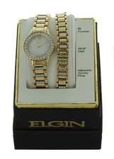 NEW ELGIN Women' Bracelet Watch SET  Gold Tone Crystal Accented eg201807