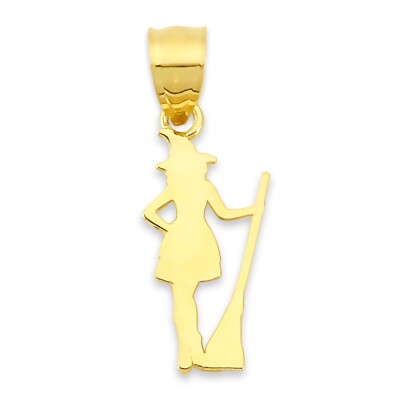 Solid 10K/14K Gold Witch with Broomstick Pendant - Halloween Witch Necklace
