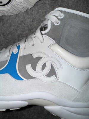 Chanel 18P Blue White Grey CC Logo Lace Up Tie Flat Trainer High