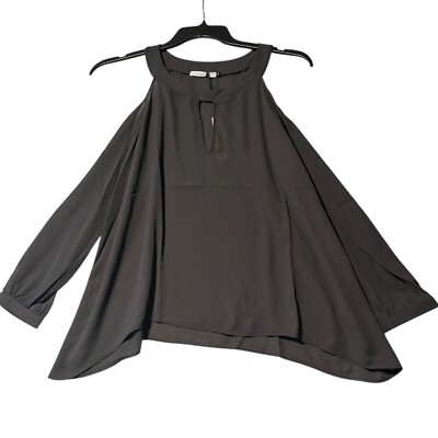 Three Eighty Two Women's S Gray Cold Shoulder Blouse Top Hi Lo Key Hole Neutral