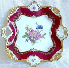 8" 654/1 VTG GERMAN BAVARIA AK KAISER POMPADOUR RED PORC HP FLORAL PLATTER TRAY