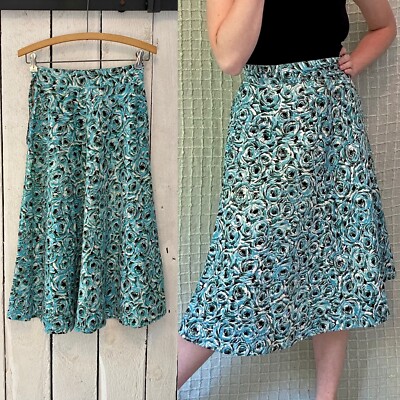 Vintage 50s Blue Green Abstract Rose Novelty Print A Line Circle