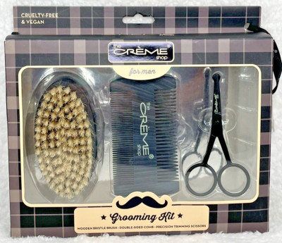 The Creme Shop Men's Grooming Kit - Wooden Bristle Brush Comb Trimming Scissors