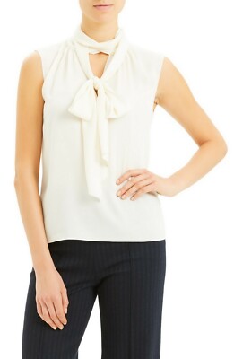 NWT Theory Scarf Tie Sleeveless Stretch Silk Blouse, Ivory, Large