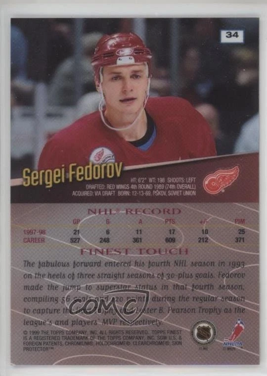 1998-99 Topps Finest No-Protector Sergei Fedorov #34 HOF - Image 2 of 2