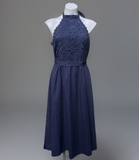 Lulus Blue Halter Dress Backless Belted Zips Back Ties At Neck Embroidered Large