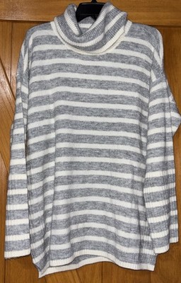 LOFT Striped Turtleneck Sweater Women's Size L Gray White Cozy Knit Pullover NWT