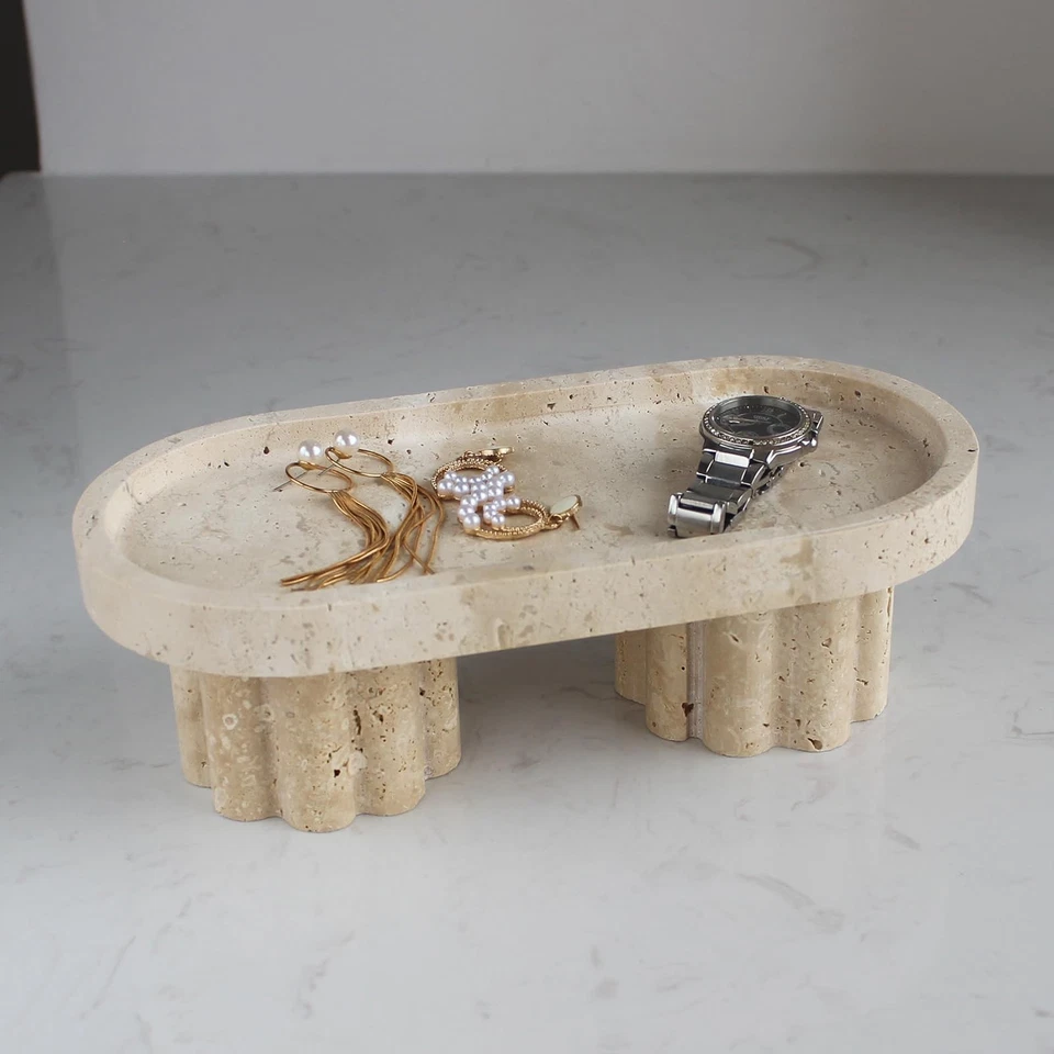 Natural Travertine Marble Oval Tray with 2 Legs, 10" Vanity Decorative Tray f... - Image 4 of 4