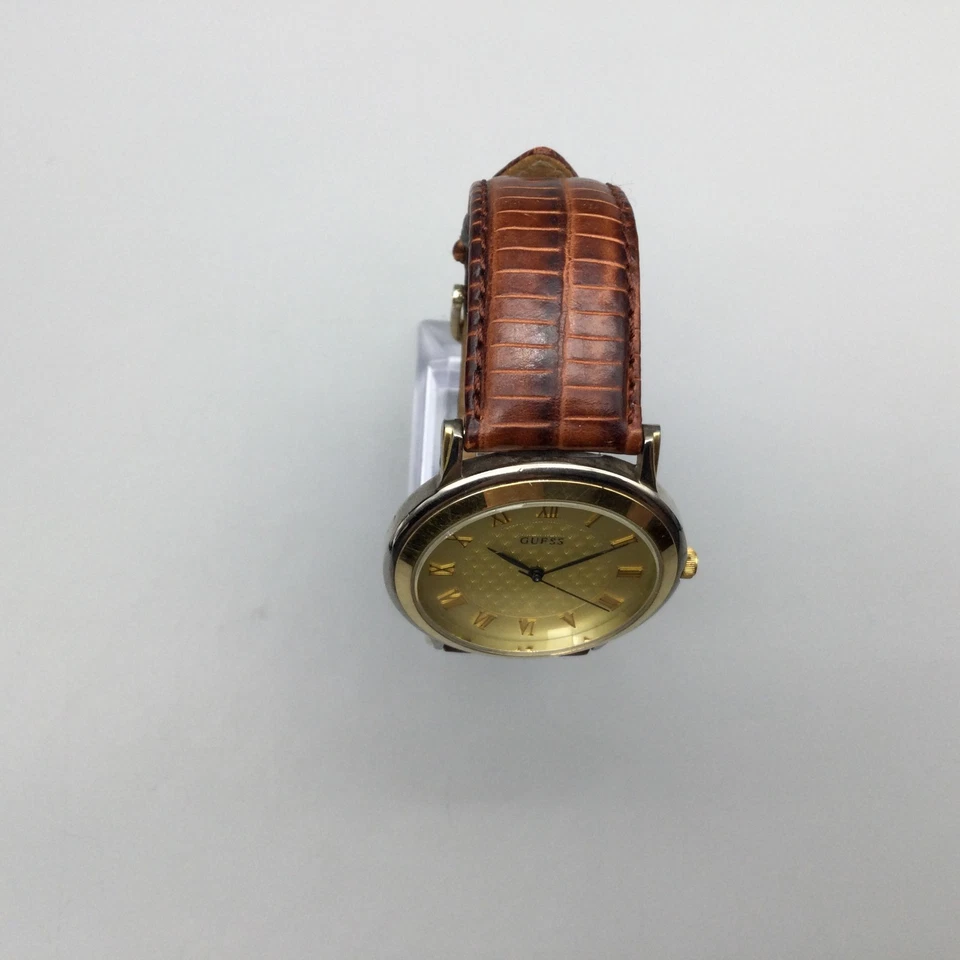 Guess Watch Men 37mm Gold Tone Dial Brown Leather Band New Battery - Image 3 of 4