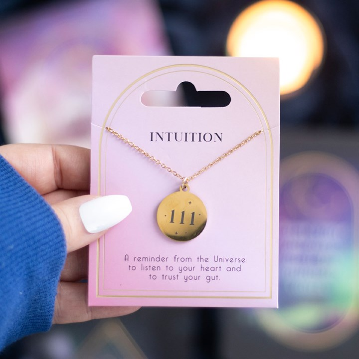 111 Angel Number Intuition Necklace On A Card.