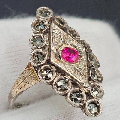 Antiker Art Deco Georgian Silber Ring vergoldet Markasiten und Paste Glasstein