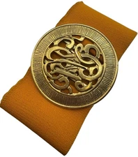 Vintage 80’s Victorian Revival Large Brass Belt Waist Stretch Sunset Orange 