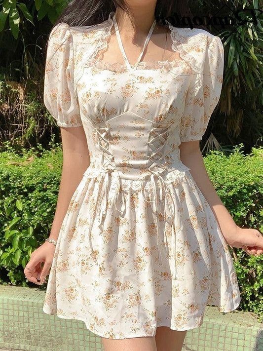 Floral Lace Up Mini Dress White Size L