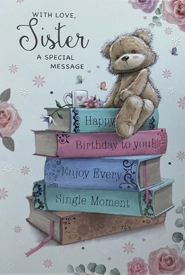 SIMON ELVIN SISTER BIRTHDAY CARD CUTE BEAR BOOKS 7”x5” FREE P&P