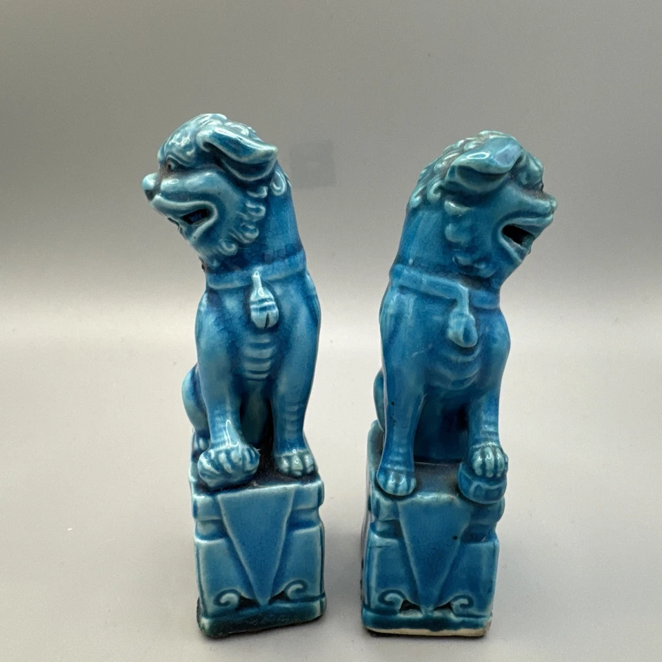 Vintage Pair Chinese Foo Dog Porcelain Mantle Statue Turquoise Ceramic 11cm - Image 4 of 4