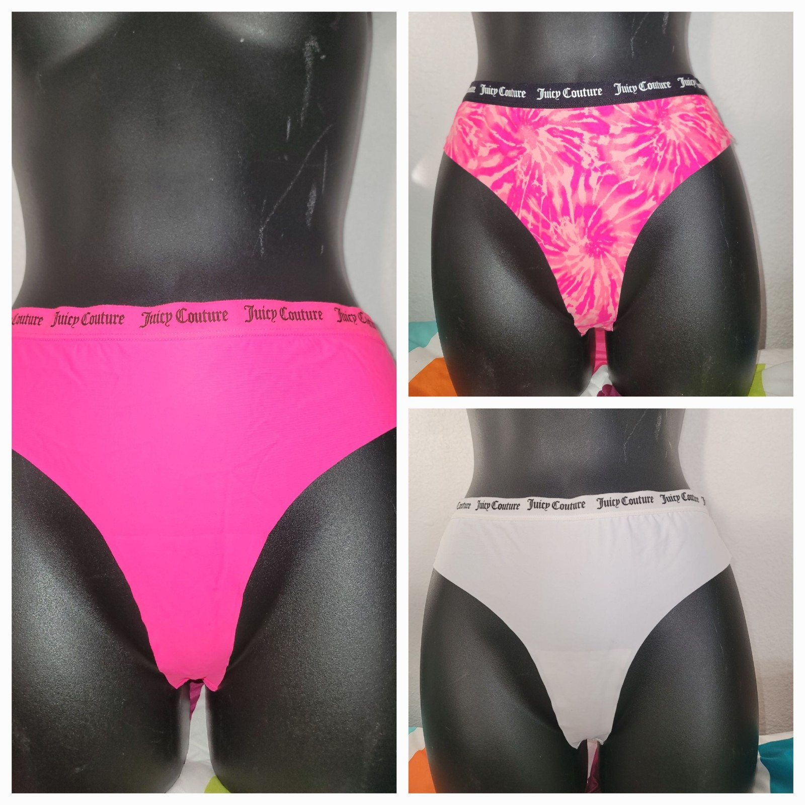 New Juicy Couture  Thong Panties Womens Size ( L ) 3 Pair Logo Multicolor