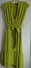 Emma & Michele Green Solid Fit & Flare V-Neck Sleeveless Tie Ruffle Midi S