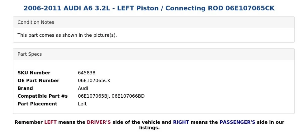 2006-2011 AUDI A6 3.2L - LEFT Piston / Connecting ROD 06E107065CK - Image 3 of 4