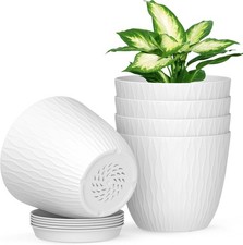 Homeuouz 5 Pack 15cm White Plastic Plant Pots with Drainage Holes and Trays