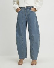 An image depicting River Island Womens Barrel Leg Jeans Blue Seamed Raw Hem Trousers Pants Bottoms