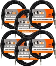 Gearlux Instrument Cable, 1/4 Inch, Straight-Straight, Black, 25 Foot - 6 Pack