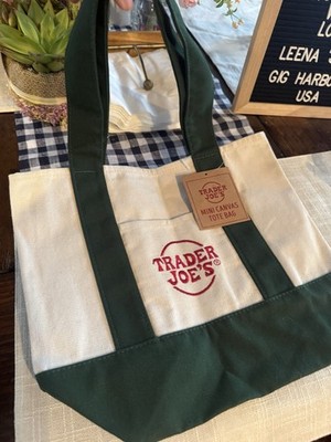 Trader Joe's Foldable Mini Canvas Tote Bag Small Beige Green Cotton Polyester