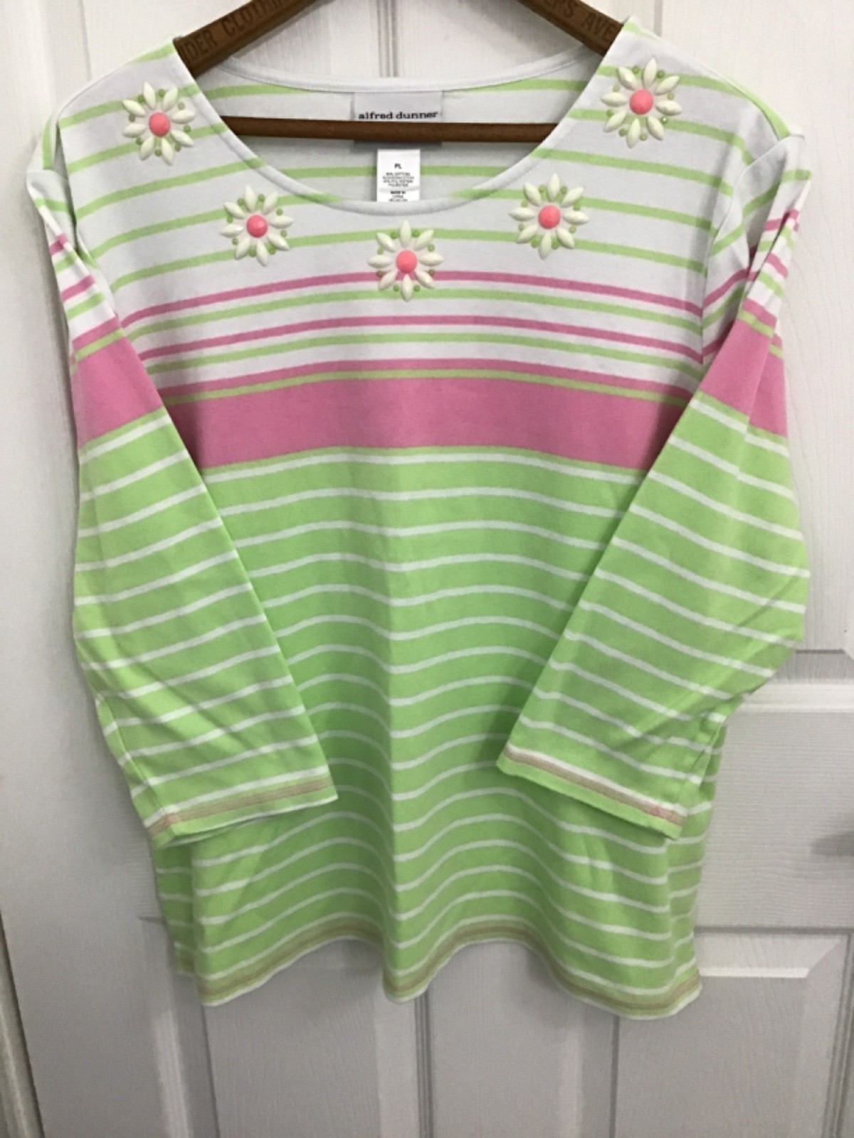 Alfred Dunner Petite Green/Pink/White Striped Beaded Flowers 3/4 Sleeve Top PL