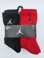 NEW 6 PAIR PACK NIKE JORDAN CREW SOCKS YOUTH SIZE 5Y-7Y WOMEN 6-10 BK /WH /RED