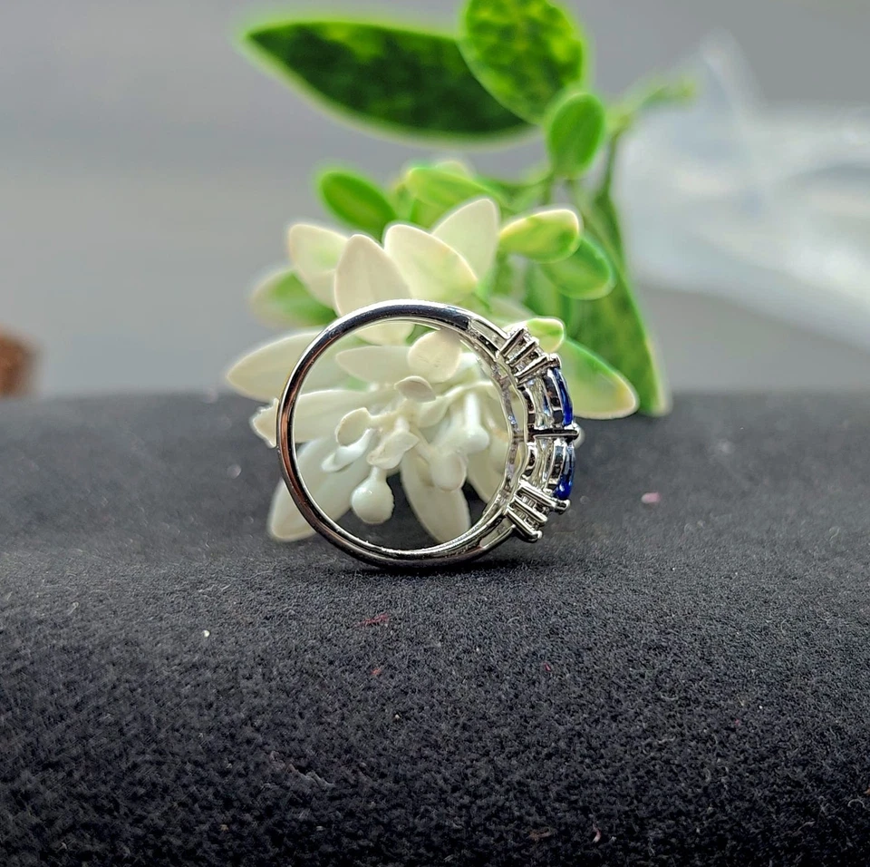925 Sterling Silver Marquise Cut Blue Sapphire Engagement Ring For Women - Image 3 of 4