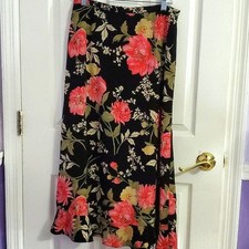 Vintage 90s Boho Prairie Black Floral Ruffled Flare Midi Skirt 8