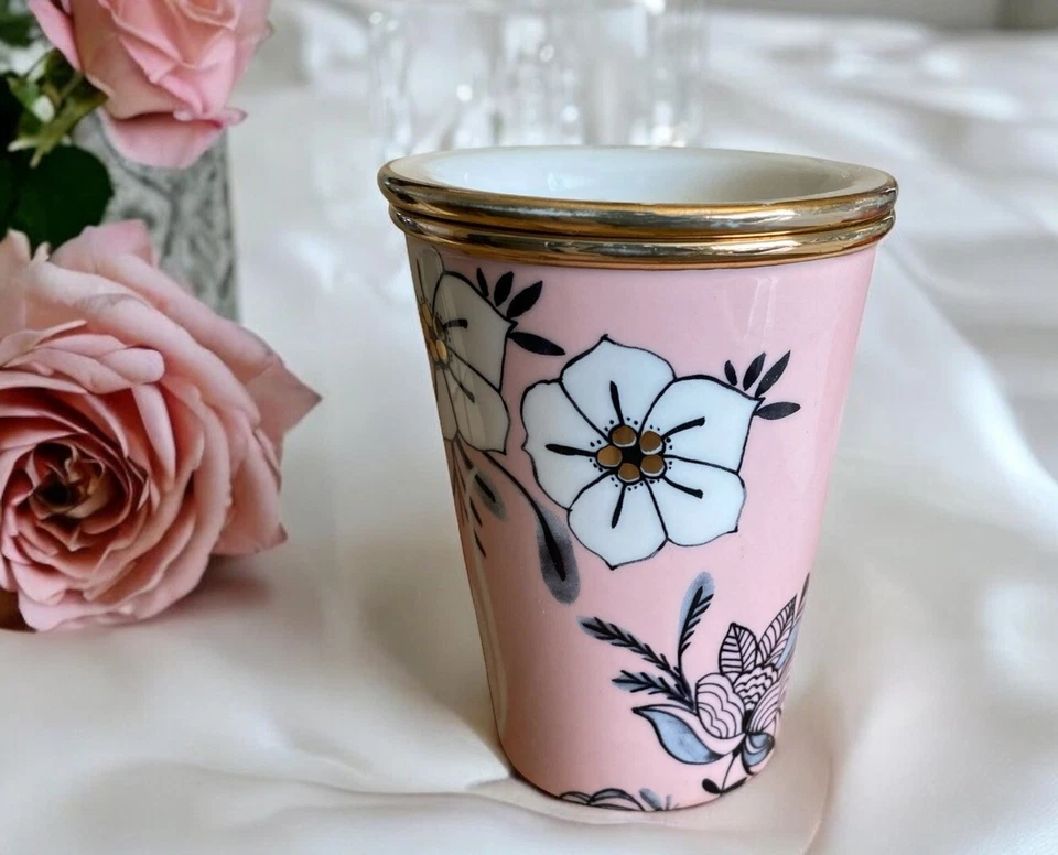 Vaso/taza de viaje de cerámica Anthropologie con tapa gato rosa floral raro café té Foto 3 de 4
