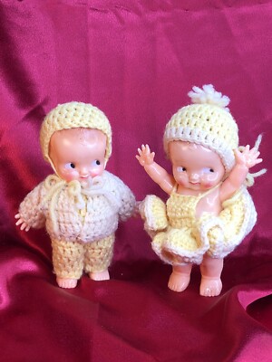 Vintage Original Irwin Boy Girl Dolls Hard Plastic Kewpie Doll Crocheted Outfits