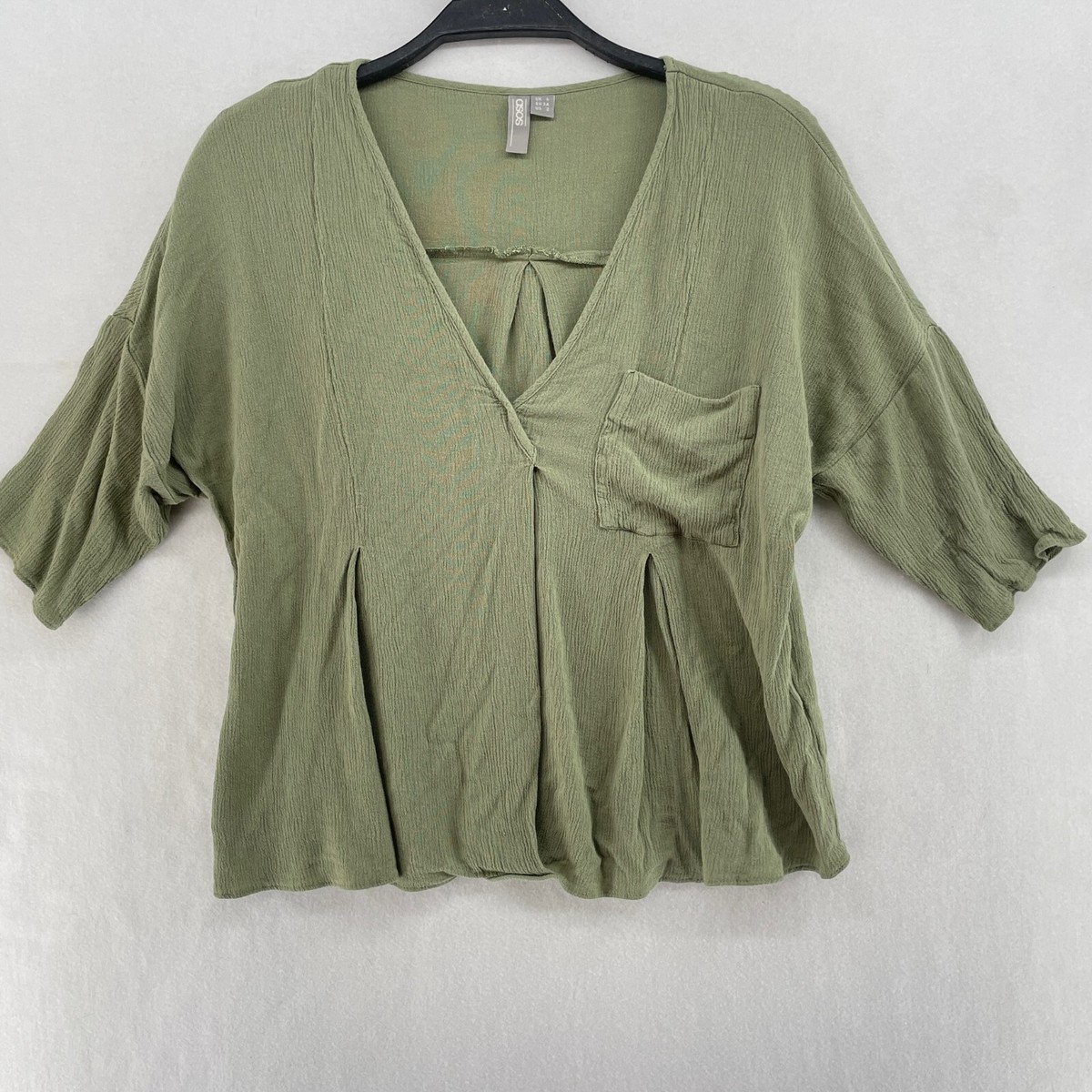 ASOS Blouse Women's Sz Sage Green V-Neck Elbow Sleeves Pleated