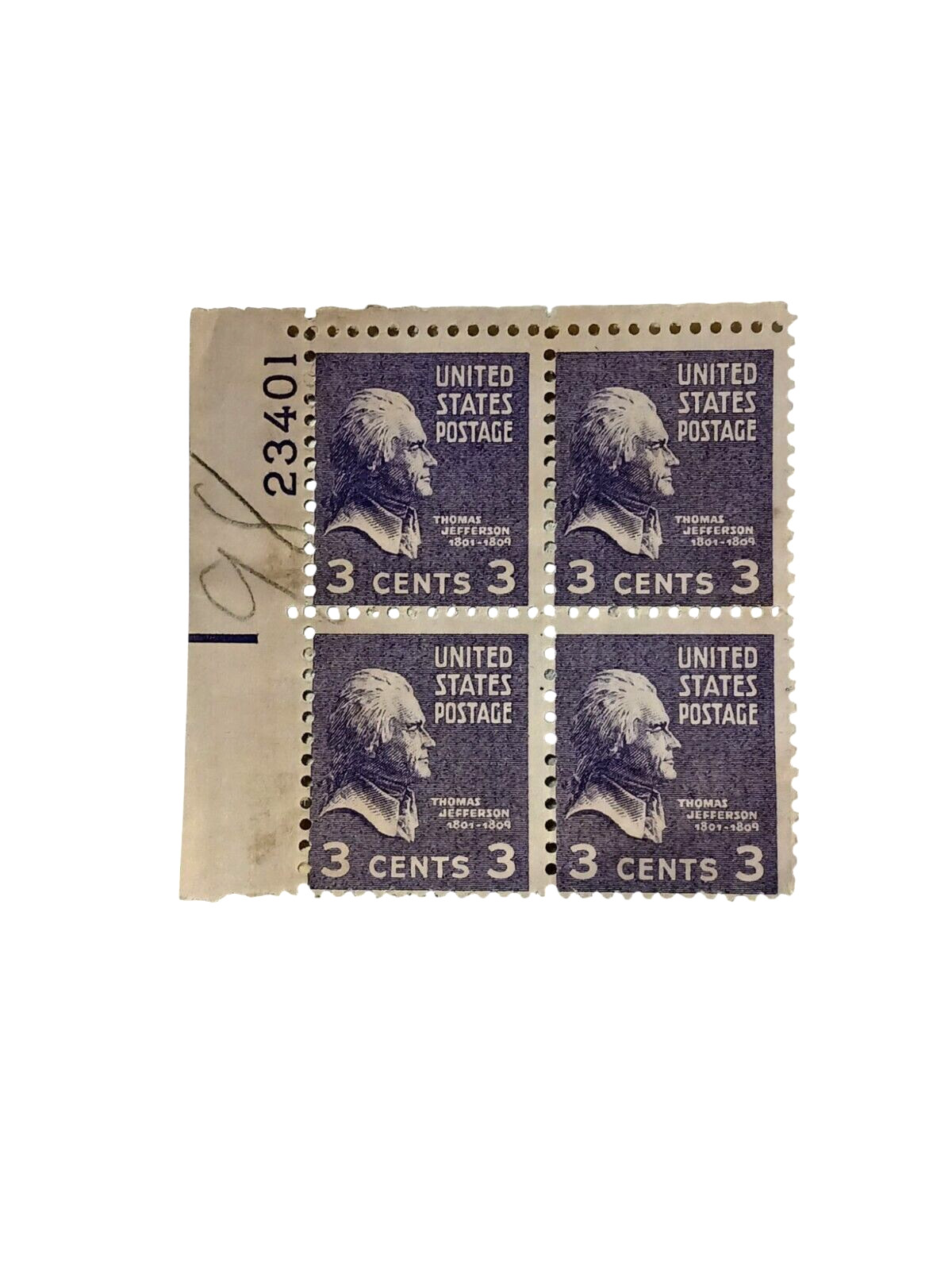 Thomas Jefferson 3 Cent Purple 4 Block Stamps Very Rare