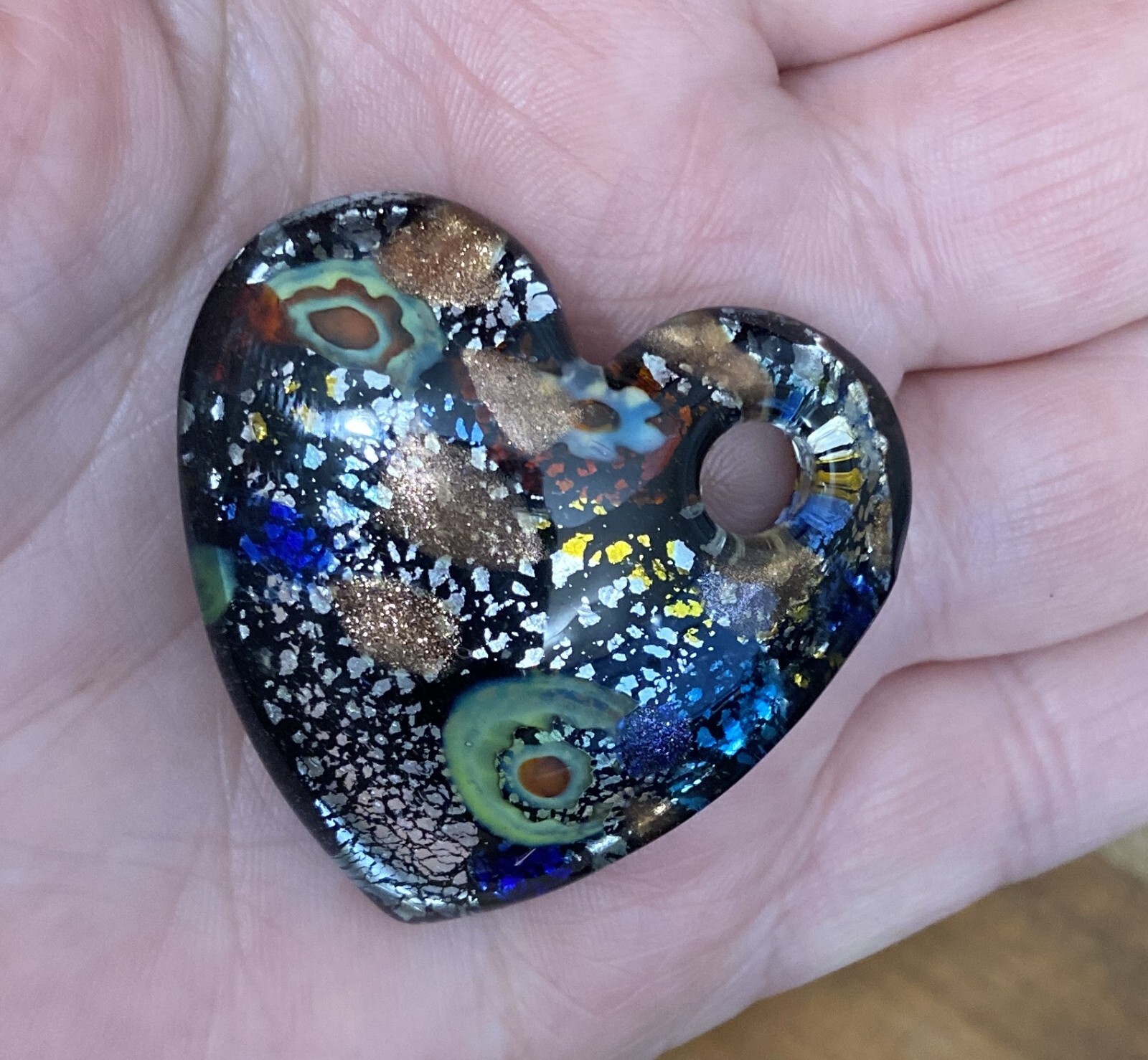 Pendant Handcrafted Murano Style Millefiori Glass Foil Heart UNIQUE Multicolored