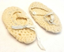 Vintage Handmade Knit Crochet Baby/Infant Slippers Booties-Off White-Ribbon
