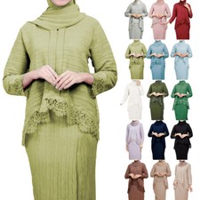 Elegant Women Lace Tops Long Skirt Muslim Islamic Kaftan Outfits Two Piece Abaya
