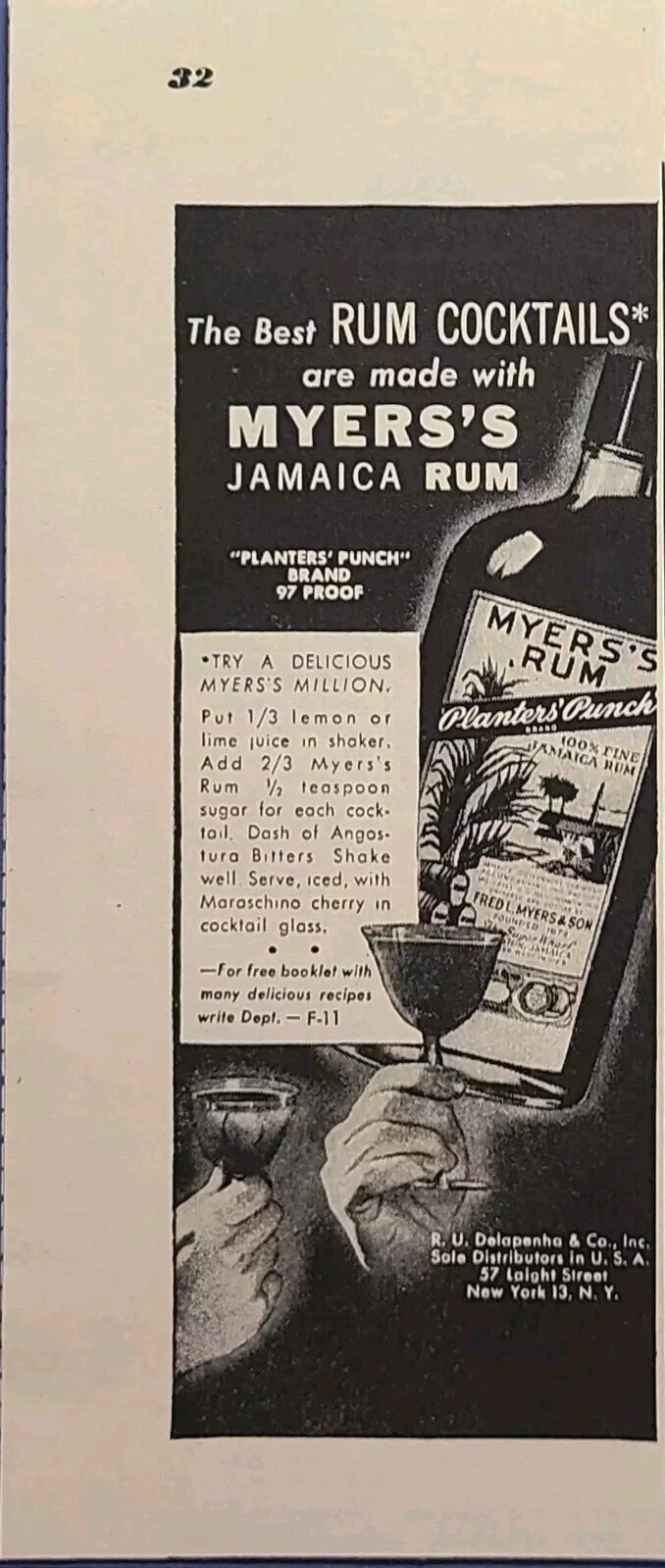 Myers's Jamaica Rum Delicious Myers's Million Cocktails Vintage Print Ad 1944