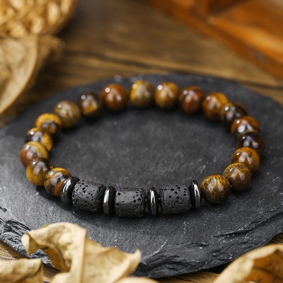Charm Natural Tiger Eye Onyx Volcanic Stone Beaded Bracelet for Women Men Bangle