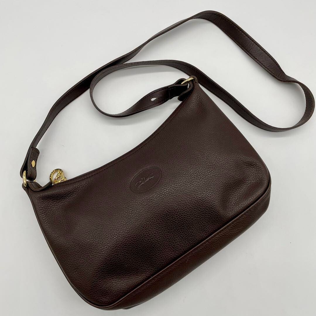 Auth Longchamp Leather Shoulder Bag Crossbody Half Moon Logo