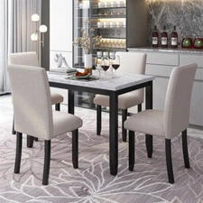 5 Pieces Faux Marble Dining Set Kitchen Table with 4 Fabric Upholstered Chairs