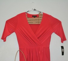 Lauren by Ralph Lauren Coral Belted Dress Sz 12 Stretch Faux Wrap Gold Belt New