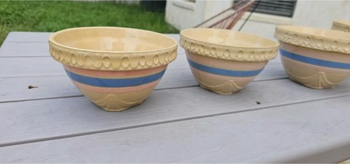 Early McCoy Five Pottery Bowls Yellowware Blue Pink Banded Pie Crust Edge - Picture 13 of 19