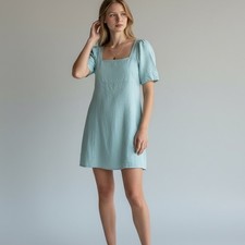 Madewell Square-Neck Mini Dress Womens Sz 12 Blue Heron 100% Linen Square Neck