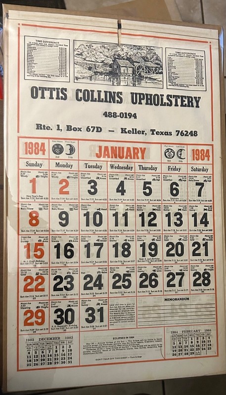 Ottis Collins Upholstery Advertising 1984 Vintage Calendar Keller, Texas