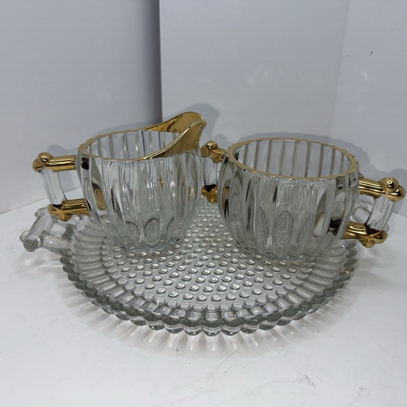 Vintage National Gold JEANNETTE Clear Depression Glass Creamer, Sugar Bowl, Tray