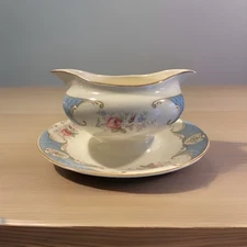 Myott And Co Staffordshire Rose Blue Gravy Boat With Attached Underplate