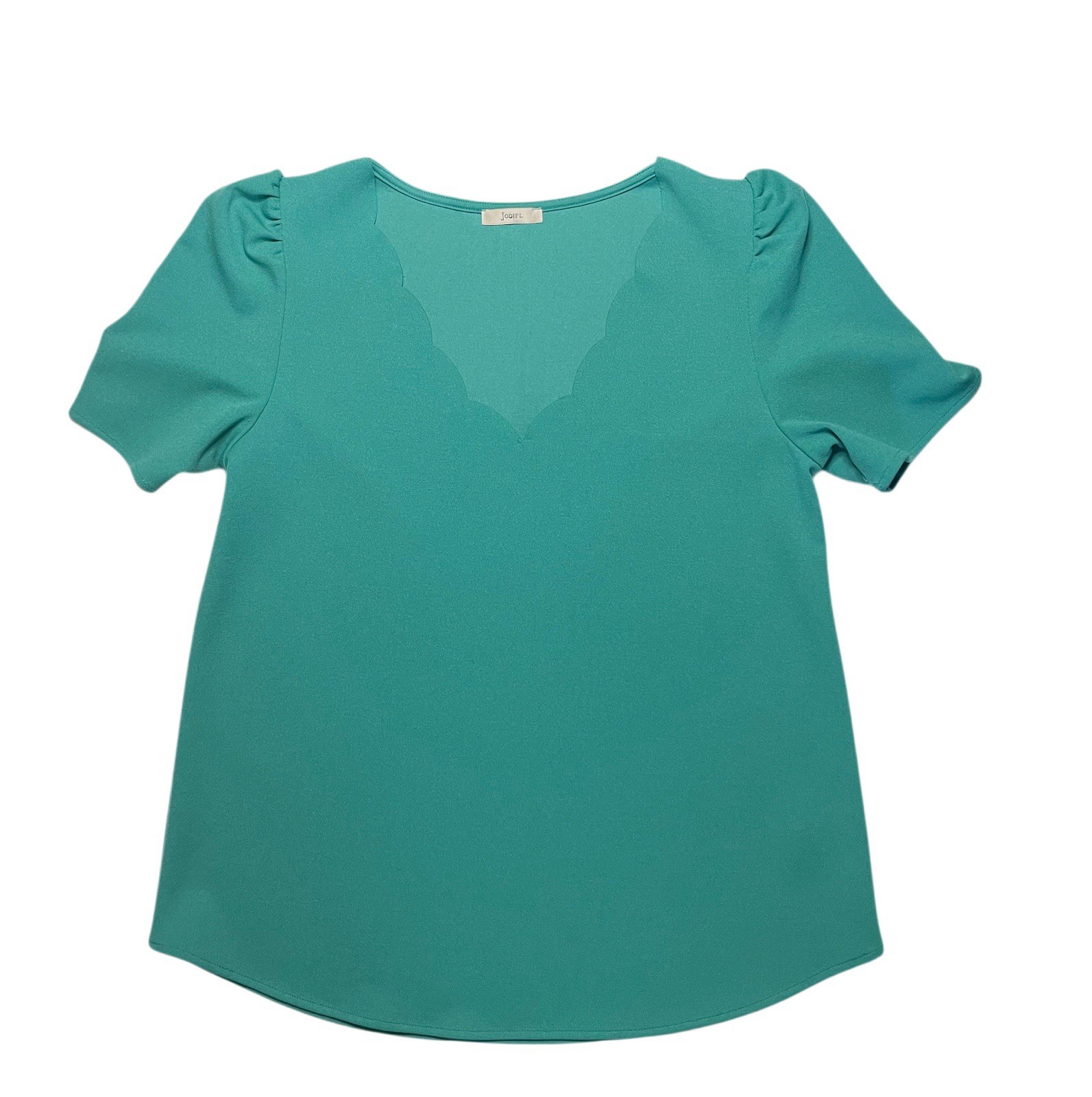 Jodifl Women’s Green Top Scalloped V-Neck Puff Sleeve Blouse Size Small