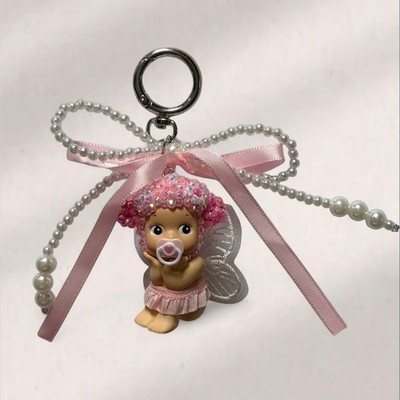 Handmade Sonny Angel Cherry Blossom  Key Chain Pink Pearl Beaded Bow Ribbon